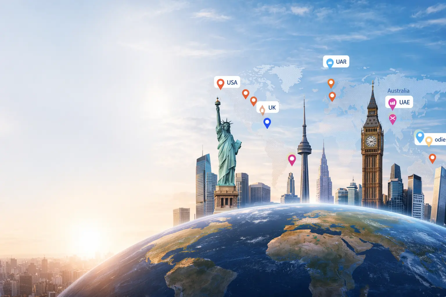 Global market insights Hindi website with world landmarks business finance AI technology news