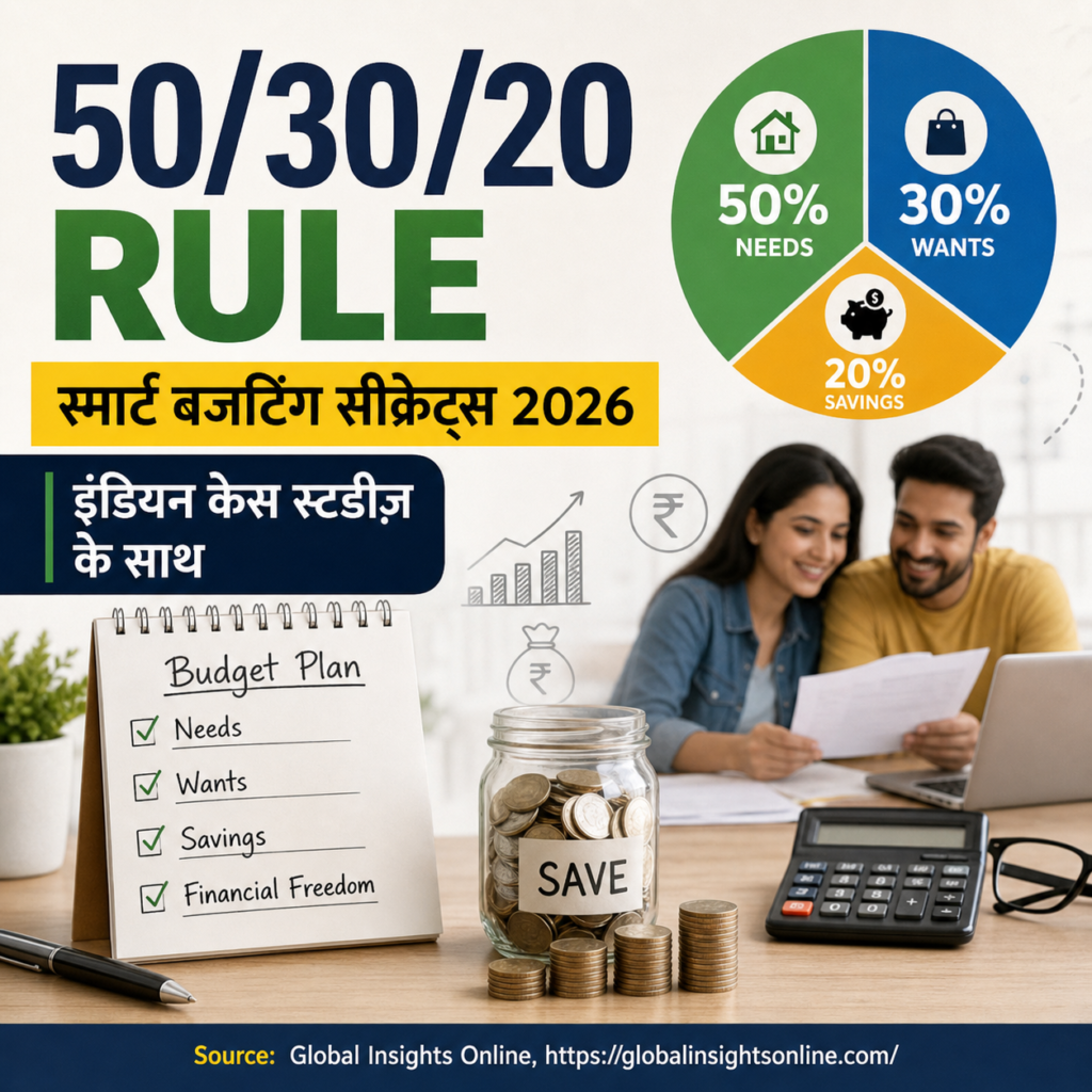 50/30/20 Rule budgeting infographic Hindi smart budgeting India 2026 needs wants savings