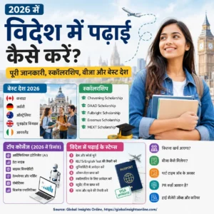 2026 में विदेश में पढ़ाई गाइड इमेज जिसमें स्कॉलरशिप, स्टूडेंट वीजा, बेस्ट देश, AI कोर्स और विदेश में पढ़ाई का पूरा प्रोसेस दिखाया गया है