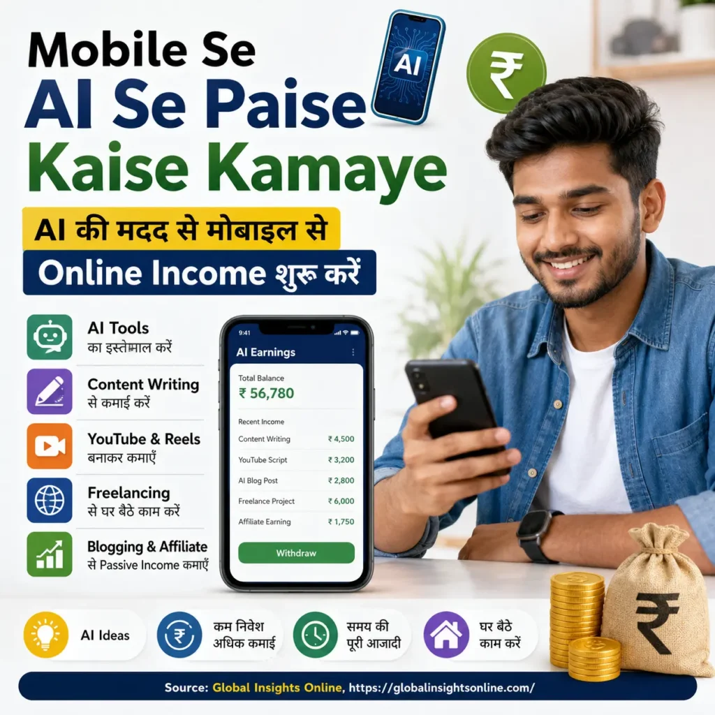यह featured image Mobile Se AI Se Paise Kaise Kamaye विषय को दर्शाती है। इसमें AI Tools, ChatGPT, Content Writing, Blogging, Freelancing और Online Income Opportunities को दिखाया गया है। यह 2026 में मोबाइल से AI की मदद से पैसे कमाने के तरीकों की जानकारी देने वाले लेख का प्रतिनिधित्व करती है। Source: Global Insights Online.
