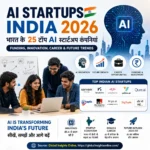 AI Startups India 2026 infographic showing India's top AI startup companies, funding, innovation, career opportunities and future trends