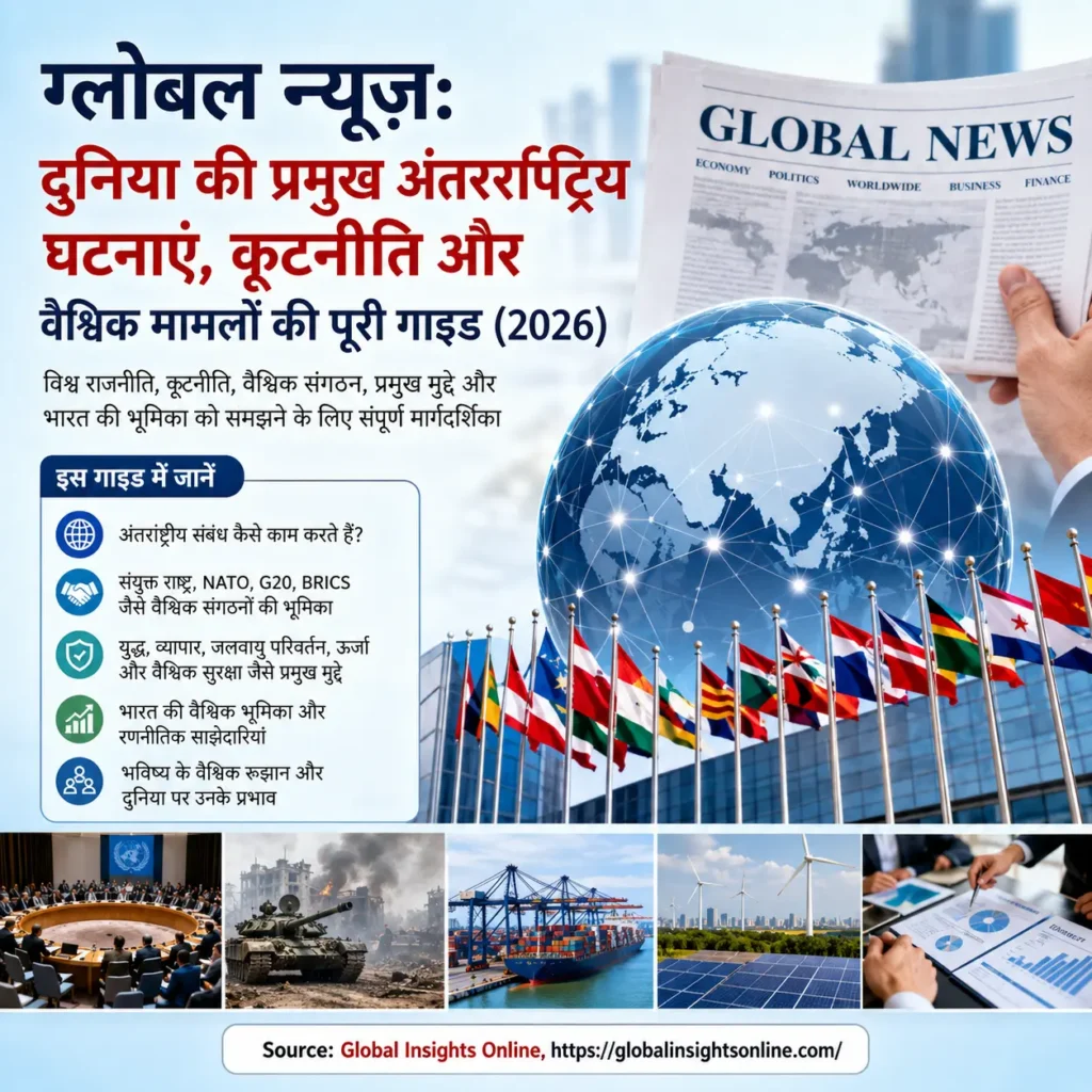 ग्लोबल न्यूज़ 2026 गाइड जिसमें अंतरराष्ट्रीय घटनाएं, कूटनीति और वैश्विक मामलों की जानकारी दी गई है