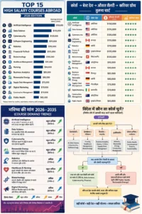 विदेश में बेस्ट कोर्स 2026 इंफोग्राफिक जिसमें Top 15 High Salary Courses Abroad, AI, Data Science, Cybersecurity, Nursing, Robotics, Healthcare, Best Country, Career Growth और Future Demand 2026 से 2035 की तुलना दिखाई गई है।