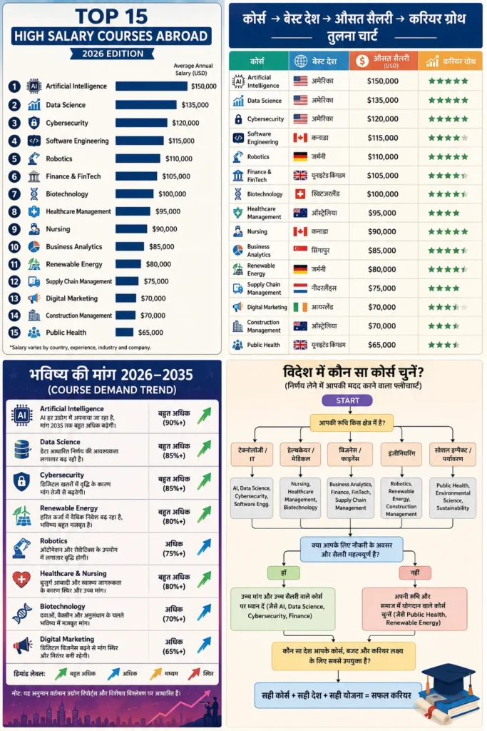 विदेश में बेस्ट कोर्स 2026 इंफोग्राफिक जिसमें Top 15 High Salary Courses Abroad, AI, Data Science, Cybersecurity, Nursing, Robotics, Healthcare, Best Country, Career Growth और Future Demand 2026 से 2035 की तुलना दिखाई गई है।