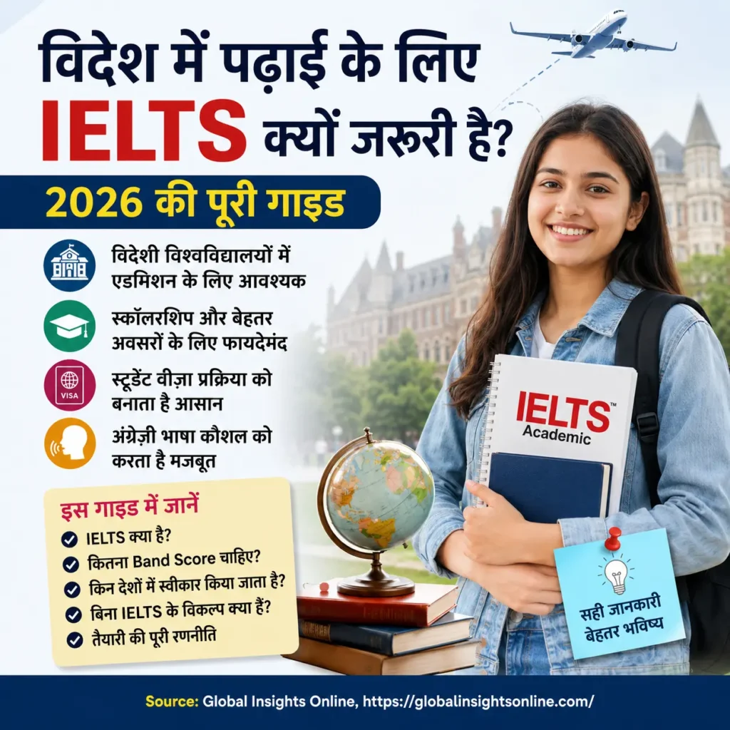 विदेश में पढ़ाई के लिए IELTS क्यों जरूरी है? 2026 गाइड जिसमें IELTS Band Score, एडमिशन, स्कॉलरशिप, स्टूडेंट वीज़ा और विदेश में पढ़ाई की पूरी जानकारी दी गई है।