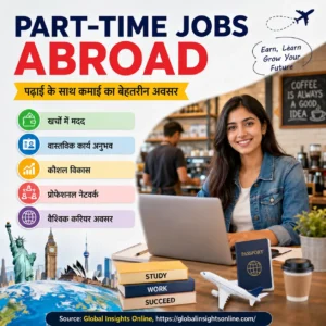 Part-Time Jobs abroad 2026 दिखाता हुआ फीचर इमेज जिसमें अंतरराष्ट्रीय छात्र पढ़ाई के साथ पार्ट-टाइम नौकरी, कमाई, करियर अवसर, पासपोर्ट, लैपटॉप और प्रमुख अध्ययन देशों के प्रतीक दर्शाए गए हैं।